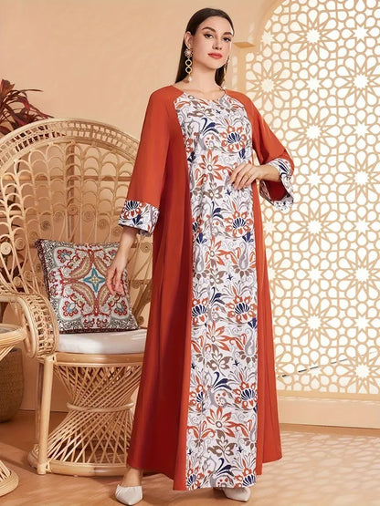 Elegant Floral Print Long Sleeved Abaya Robe Dress