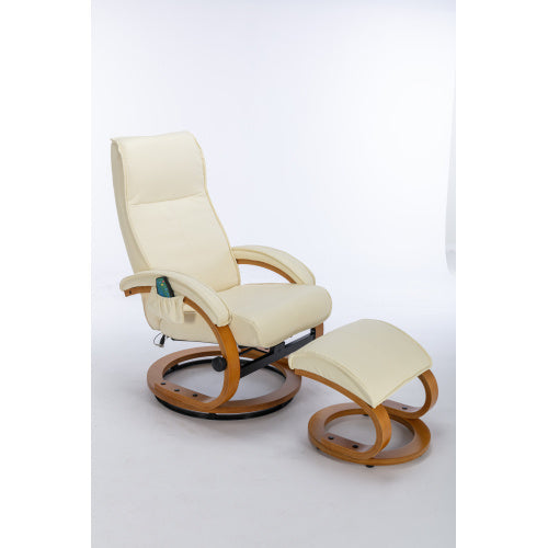 PU Upholstered Massage Recliner With Ottoman Footstool, 5 Points Massager, Bentwood Base For Living Room Bedroom, Beige
