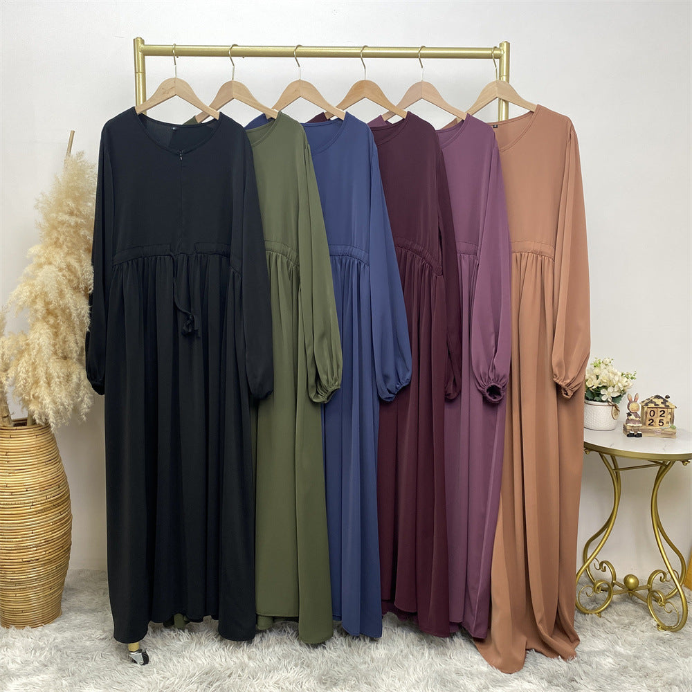 Muslim Simple Design Solid Color Stretch Sleeves, Front Zipper Elegant Swing Dress