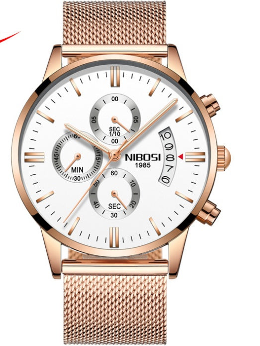 Solid steel belt men's watch waterproof coated glass luminous three-eye 6-pin quartz watch