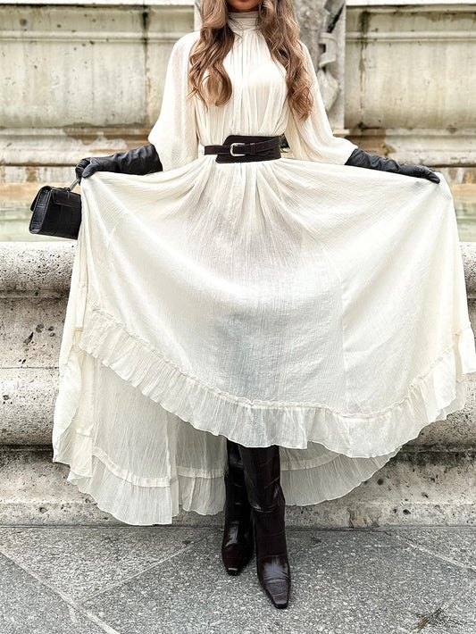 White Long-sleeved Ruffled Tie Dress