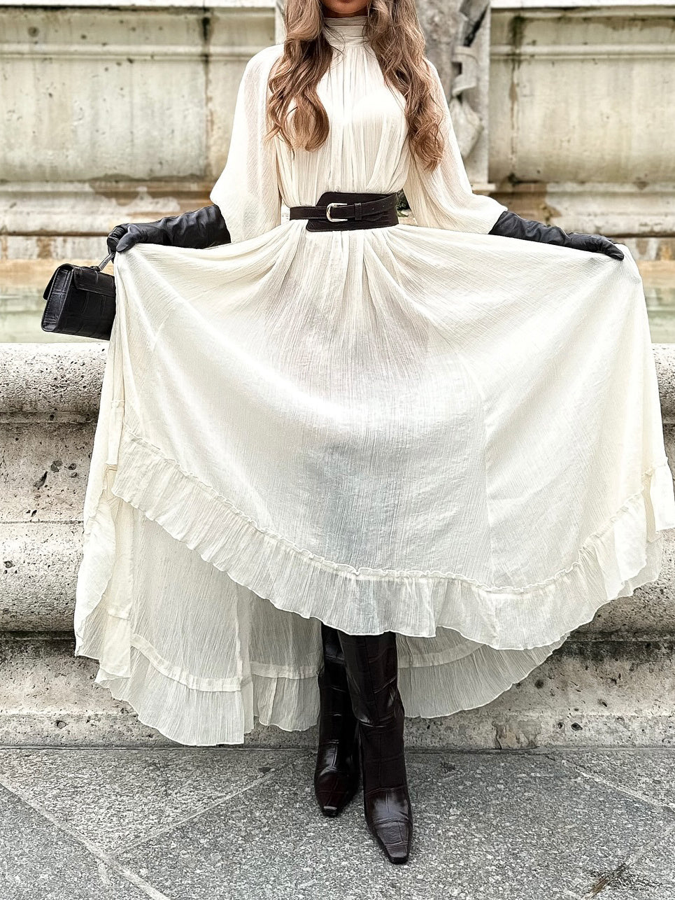 White Long-sleeved Ruffled Tie Dress