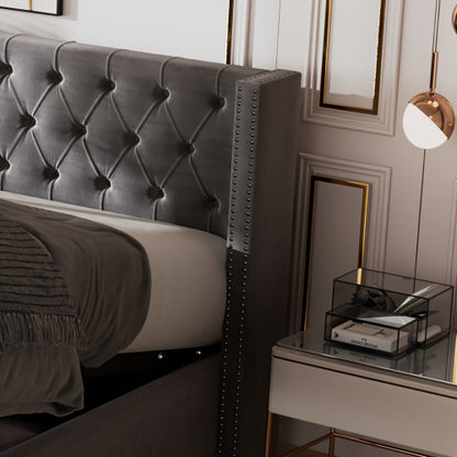 Upholstered Bed, With Hydraulic Lever, Functional Bed From Storage, 150 X 200 Cm, Without Mattress, Velvet, Gray