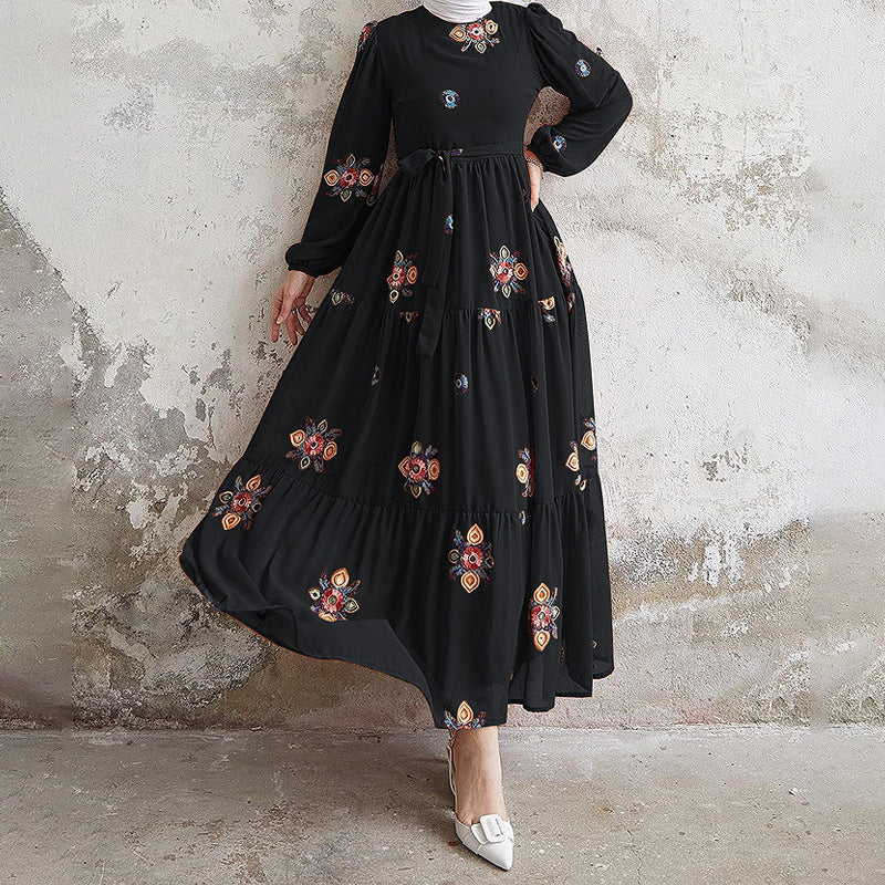 Muslim New Pure Color Embroidery With Belt Fashion Elegant Dress