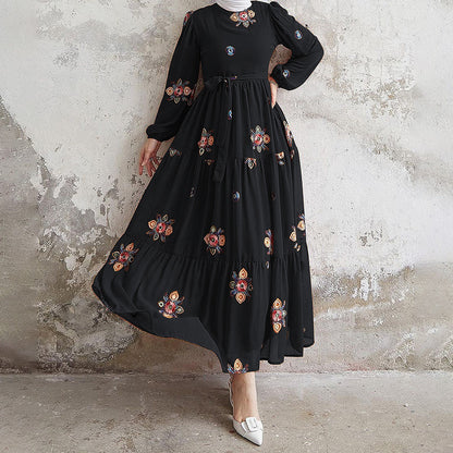 Muslim New Pure Color Embroidery With Belt Fashion Elegant Dress