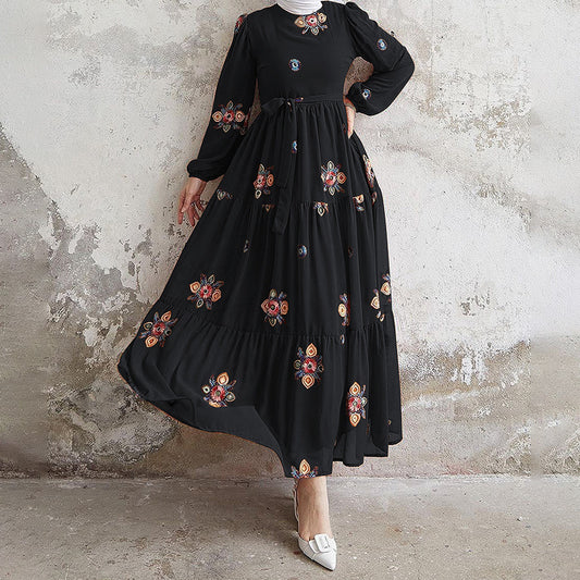 Muslim New Pure Color Embroidery With Belt Fashion Elegant Dress