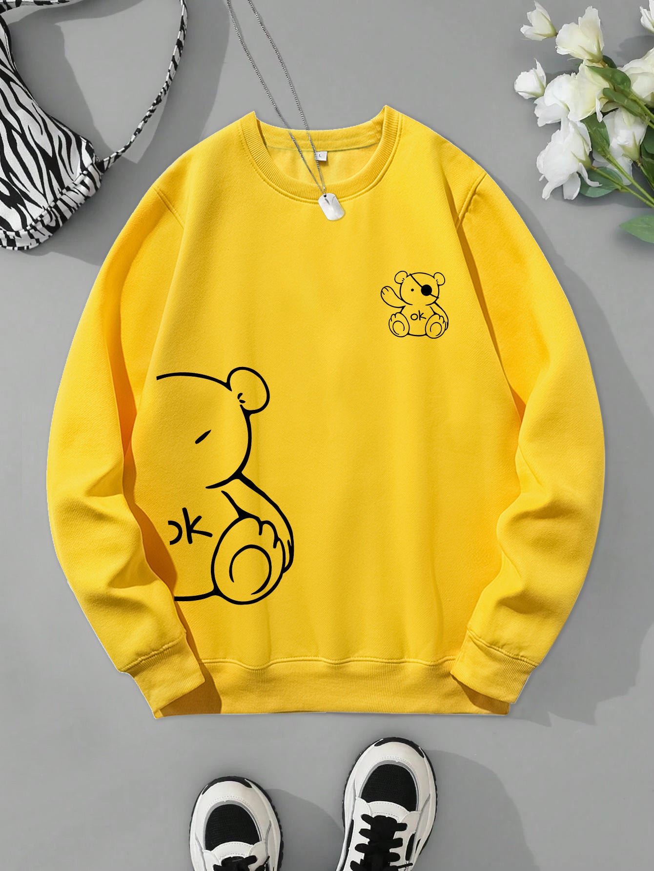 Kawaii OK Teddy Bear Printing Sweatshirts For Women Classic