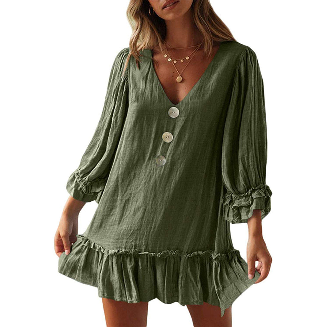 Women's Fashion Loose-fitting Long Sleeves Ruffled Hem Cotton Linen Dress