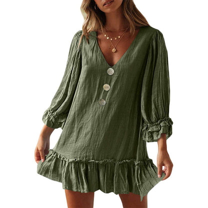 Women's Fashion Loose-fitting Long Sleeves Ruffled Hem Cotton Linen Dress