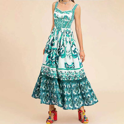 Printed Sleeveless Dress Fashion Temperament Spaghetti Waist-controlled Large Hem Dresses For Women
