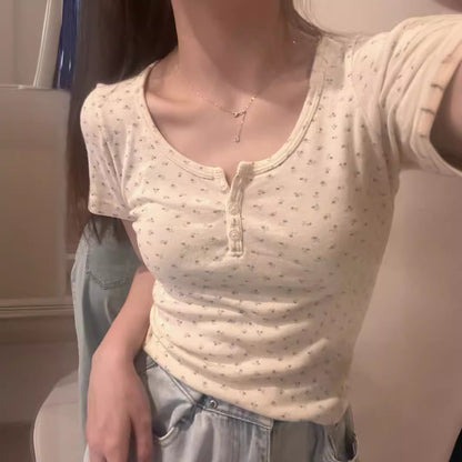 U-neck Floral Short Sleeved Short Top For Women