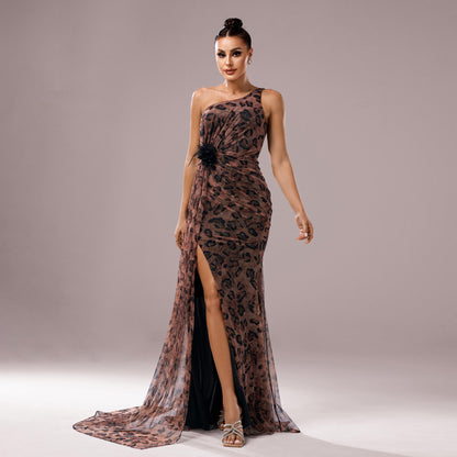 One-shoulder Diagonal Collar Leopard Sequined Evening Dress