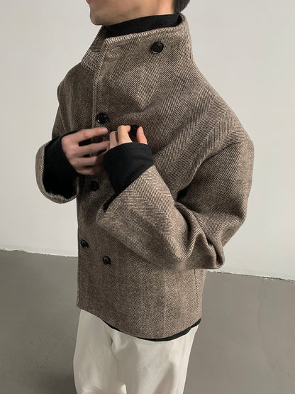 Double Breasted Stand Collar Woolen Cloth Coat Jacket