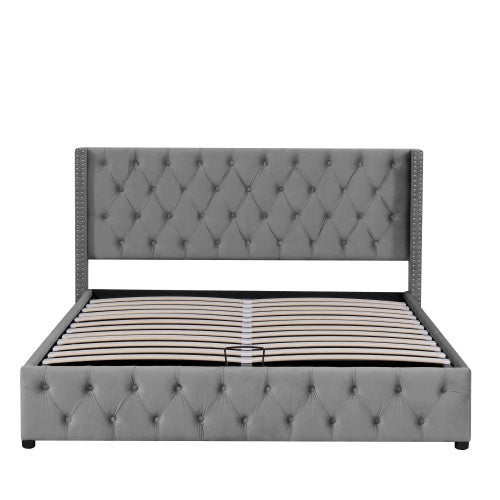 Upholstered Bed, With Hydraulic Lever, Functional Bed From Storage, 150 X 200 Cm, Without Mattress, Velvet, Gray