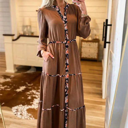 Chestnut Floral Patchwork Detail Notched Neck Long Sleeve Maxi Dress