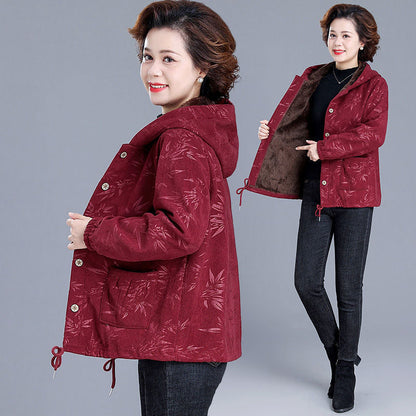 Fleece Lined Coat Hooded Short Middle-aged And Elderly Women's Wadded Jacket