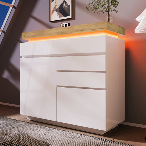 Chest Of Drawers,High-gloss Sideboard Cabinet With 2 Doors And 3 Drawers,Storage With RGB LED App-controlled,Multi-purpose Cabinet For Living Room And Bedroom, 115 X 110 X 39 Cm, White