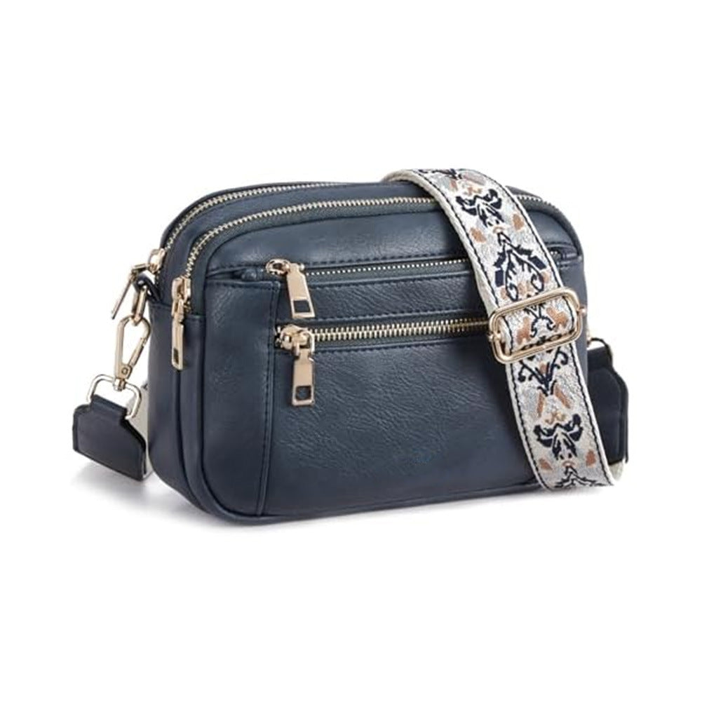 Triple-zipper Shoulder Bag With Floral Embroidered Straps Fashion Colorblock Multi-functional Crossbody Bags For Women