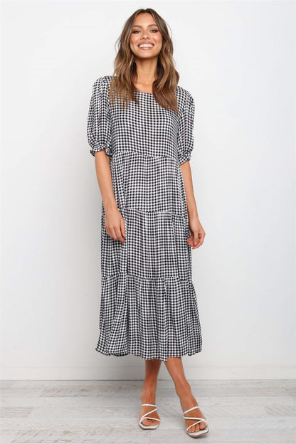 Puff Sleeves Plaid Polka Dot Stitching Loose Dress Long Skirt