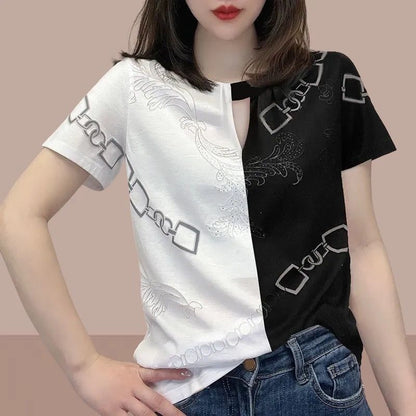 Color Matching Polo Collar Printed Rhinestones Short Sleeve Women's Top
