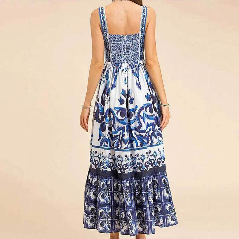 Printed Sleeveless Dress Fashion Temperament Spaghetti Waist-controlled Large Hem Dresses For Women