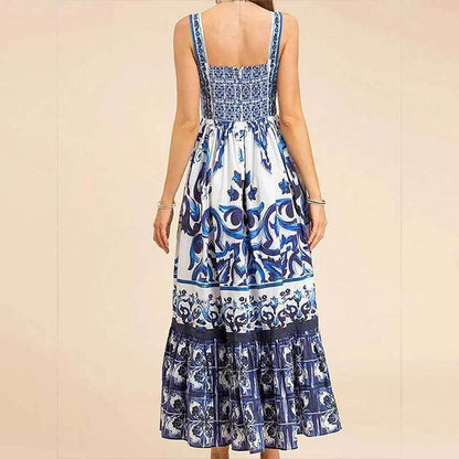 Printed Sleeveless Dress Fashion Temperament Spaghetti Waist-controlled Large Hem Dresses For Women