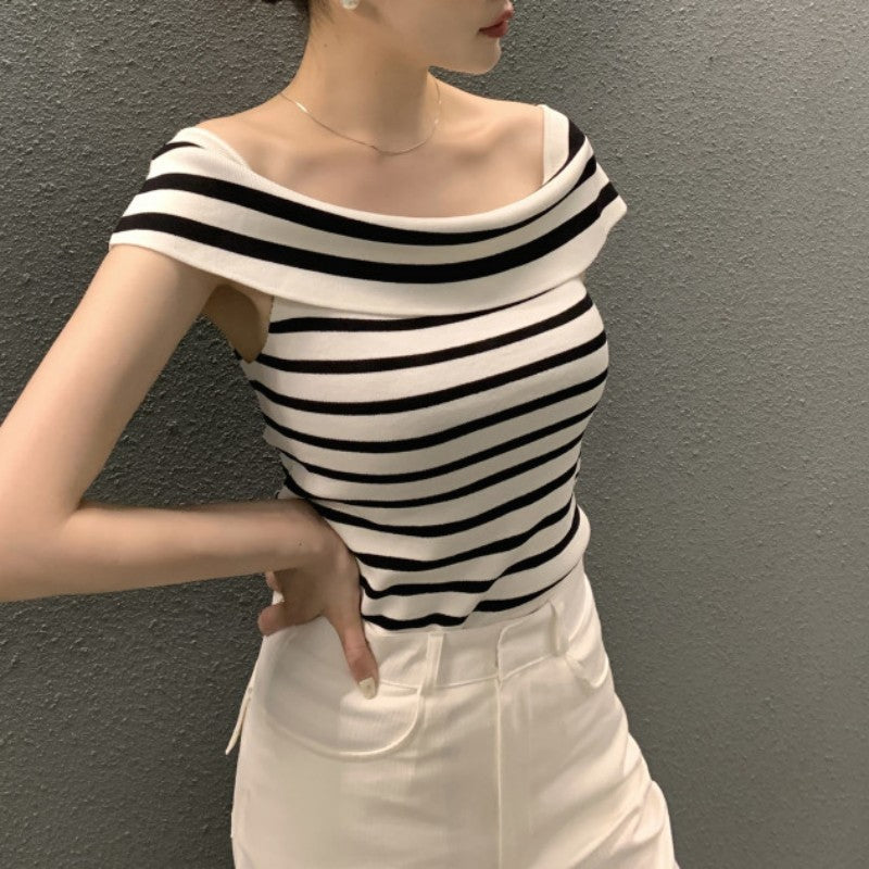 Striped Short-sleeved Sweater Top For Women