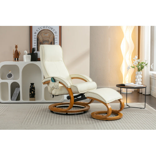 PU Upholstered Massage Recliner With Ottoman Footstool, 5 Points Massager, Bentwood Base For Living Room Bedroom, Beige