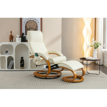 PU Upholstered Massage Recliner With Ottoman Footstool, 5 Points Massager, Bentwood Base For Living Room Bedroom, Beige