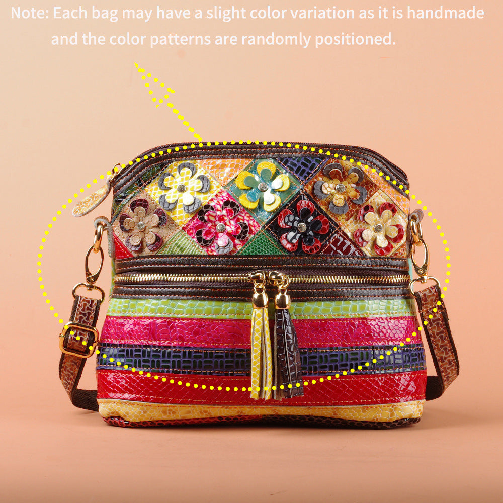 Genuine Leather Serpentine Color Handmade Casual Daily Tassel Flowers Shoulder Messenger Bag For Women