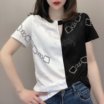 Color Matching Polo Collar Printed Rhinestones Short Sleeve Women's Top