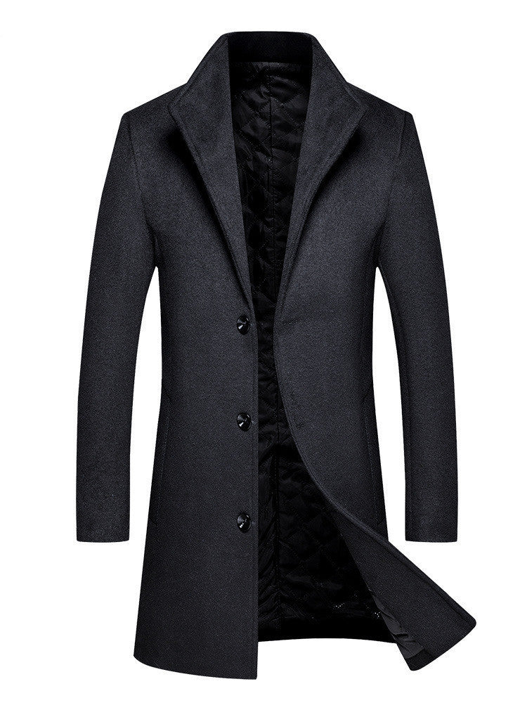 Mid-length Single-breasted Stand-up Collar Woolen Cloth
