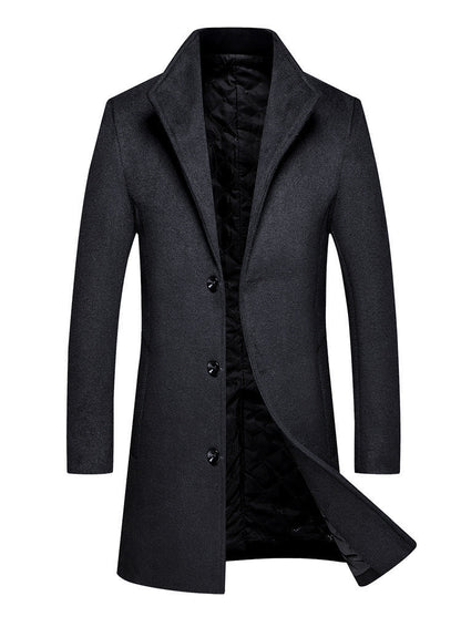 Mid-length Single-breasted Stand-up Collar Woolen Cloth