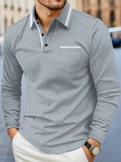 European And American Men's Spring And Autumn Daily Casual Patchwork Pocket Solid Color Lapel Long Sleeve Plus Size Polo Shirt