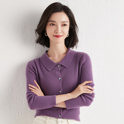 Polo Collar Slim Fit Slimming Long Sleeves Top Breasted Cardigan