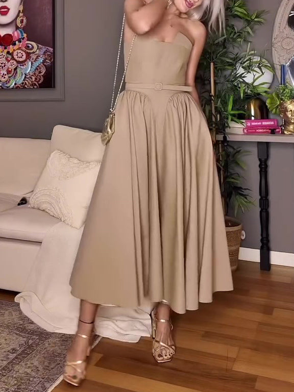Khaki Tube Top Patchwork Swing Dress