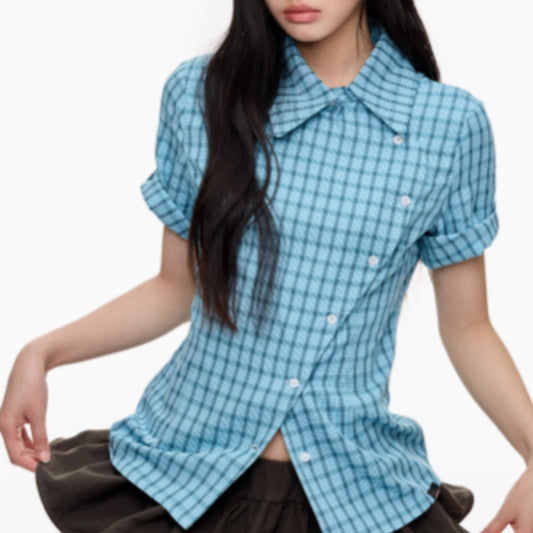 Short Sleeved Checkered Slimming Shirt For Women