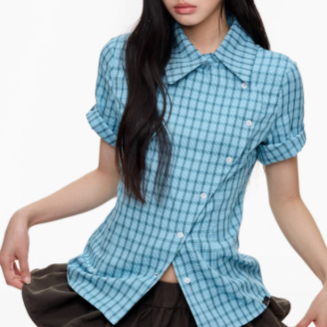 Short Sleeved Checkered Slimming Shirt For Women