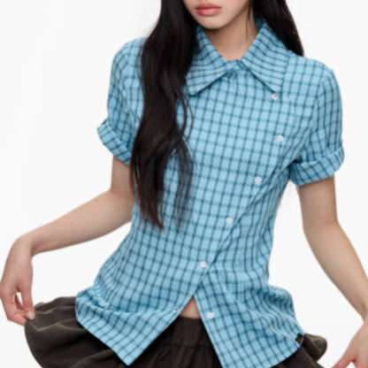 Short Sleeved Checkered Slimming Shirt For Women