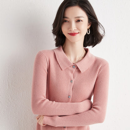 Polo Collar Slim Fit Slimming Long Sleeves Top Breasted Cardigan