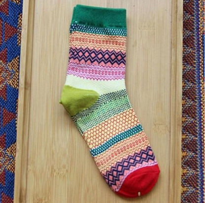 Vintage ethnic wind tube female socks horizontal strip double road socks cotton socks socks