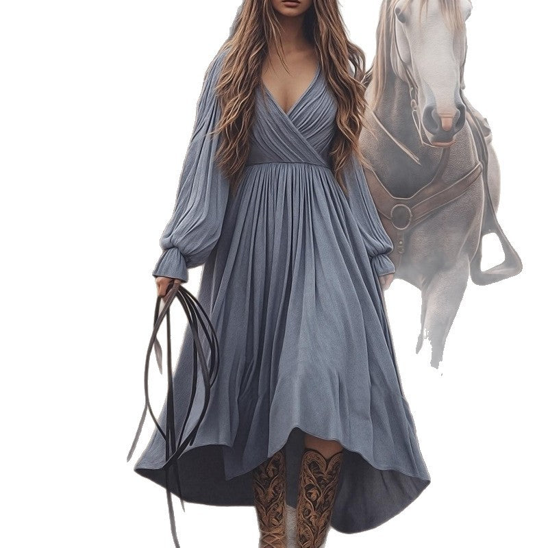 Retro Solid Color High Waist Long Sleeves Cotton And Linen Dress