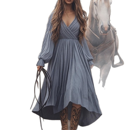 Retro Solid Color High Waist Long Sleeves Cotton And Linen Dress