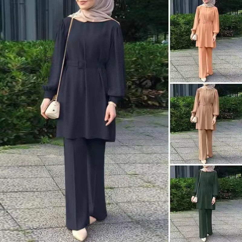 Middle East Muslim Round Neck Long Sleeve Belt Elastic Waist Top And Trousers Suit