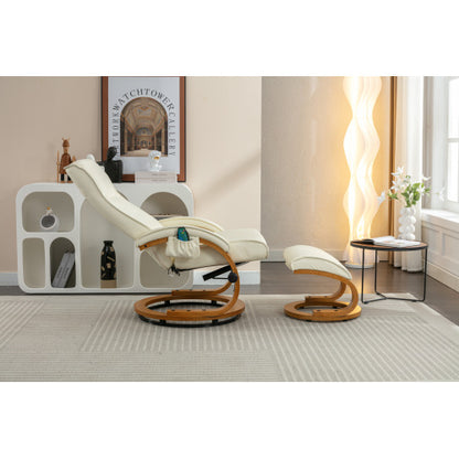 PU Upholstered Massage Recliner With Ottoman Footstool, 5 Points Massager, Bentwood Base For Living Room Bedroom, Beige