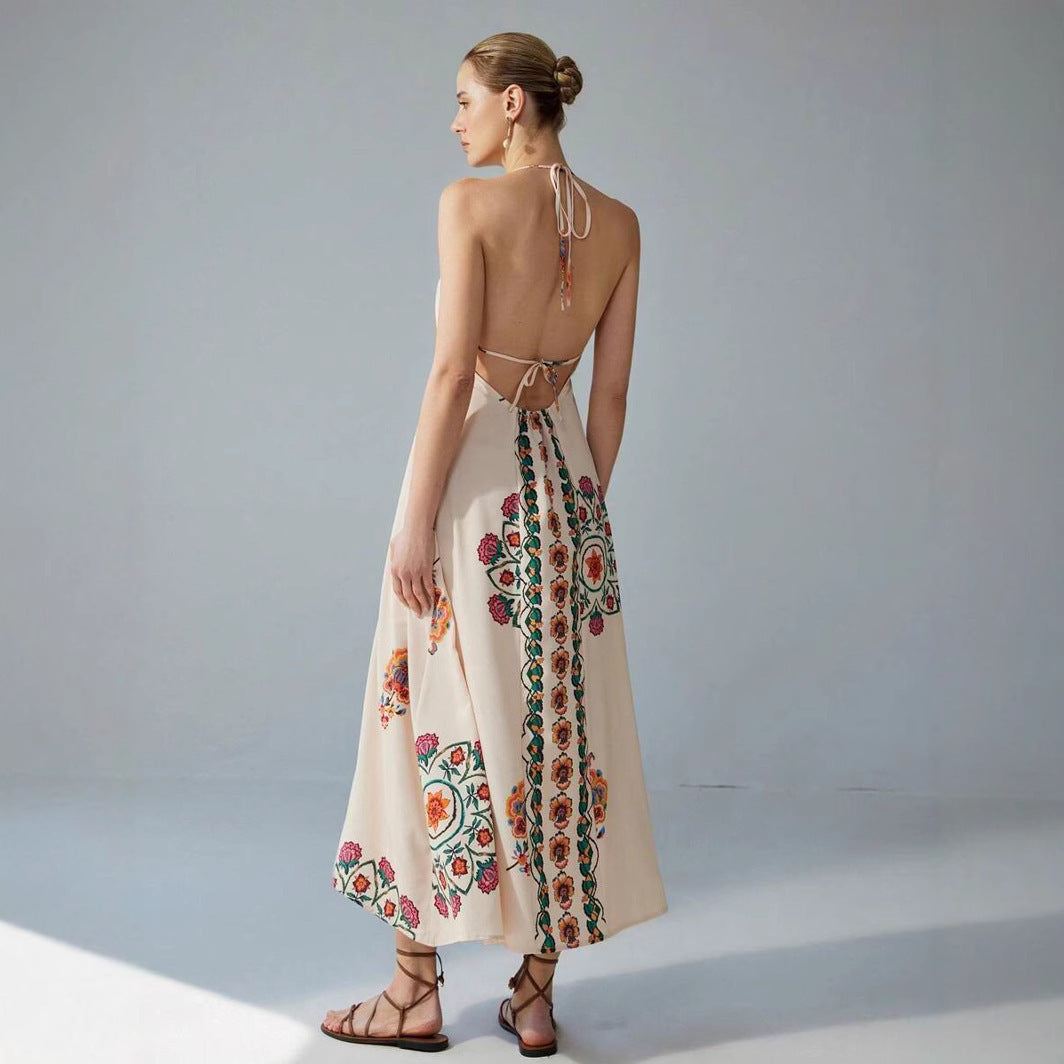 Vacation Spaghetti Straps Colorful Flower Print Maxi Dress