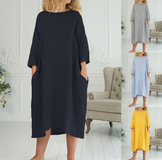 Women's Sleeves Round Neck Pocket Loose Maxi Dress
