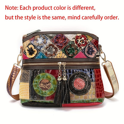 Genuine Leather Serpentine Color Handmade Casual Daily Tassel Flowers Shoulder Messenger Bag For Women