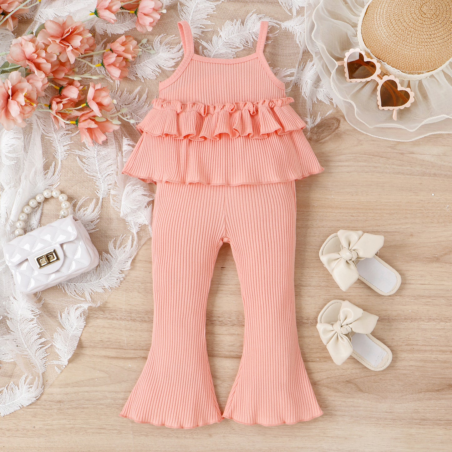 Children's Clothing Springsummer Young And Little Girls Sling Lace-collared Blouse Horn Sunken Stripe Trousers Two-piece Suit