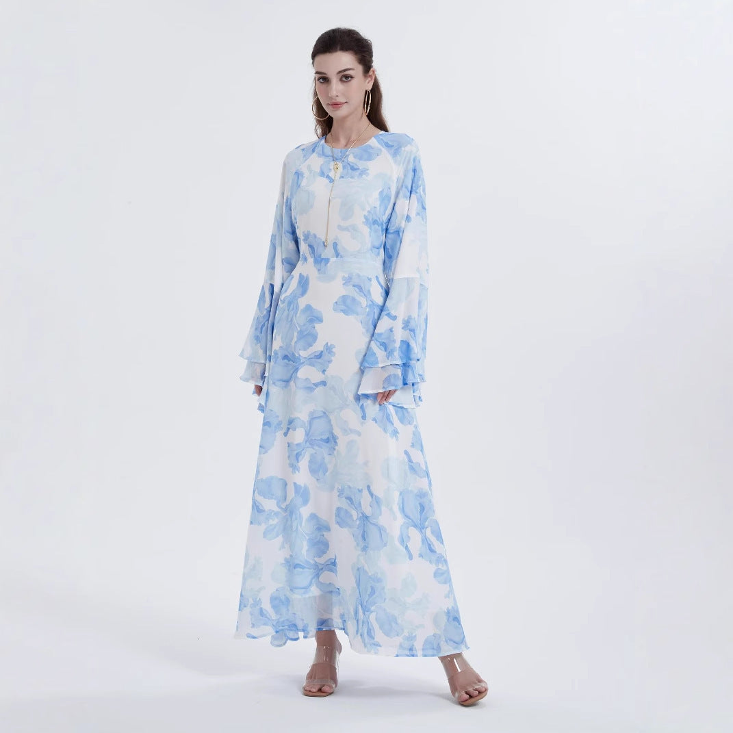 Muslim Chiffon Printed Bell Sleeve Dress
